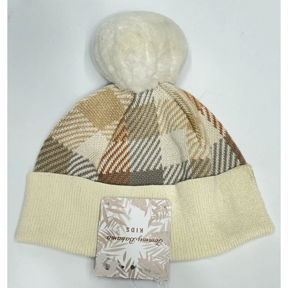New Tommy Bahama Kids One Size Brown White Checkered Winter Knit Hat Beanie